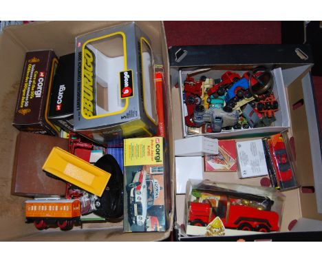 Two boxes containing a quantity of mixed diecast, tinplate and Hornby railway items, to include Brimtoy, Corgi Toys etc