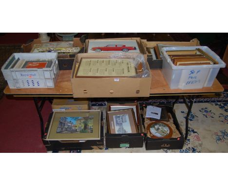 Nine boxes of mixed effects, to include pictures &amp; prints, collectors wall plates, enamel advertising sign etc