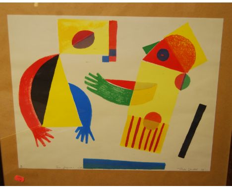 Christian Muller - lithograph on fabric, signed and numbered 140/200, 42 x 30cm; Trevor Candell - Two figures with sign langu