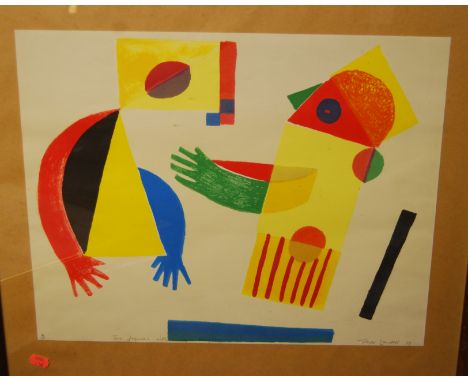 Christian Muller - lithograph on fabric, signed and numbered 140/200, 42 x 30cm; Trevor Candell - Two figures with sign langu