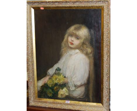 Circa 1900 school - Half-length portrait of a girl with flowers, oil on canvas, 69 x 51cm