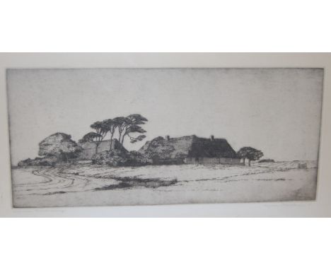 Peter J Butting - Liberator in winter sunshine 1945, pencil drawing, 20 x 40cm; together with a landscape etching (2)