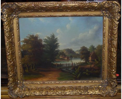After John Constable - Figure on a bridge in a river landscape, oil on canvas, signed lower left, 24 x 29cm