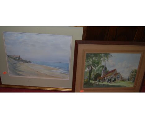 Assorted pictures and prints, to include R. Yates - Village church watercolour