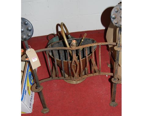 A 19th century cast iron fire fender; together with assorted brass companion wares; copper kettle; brass preserve pan etc