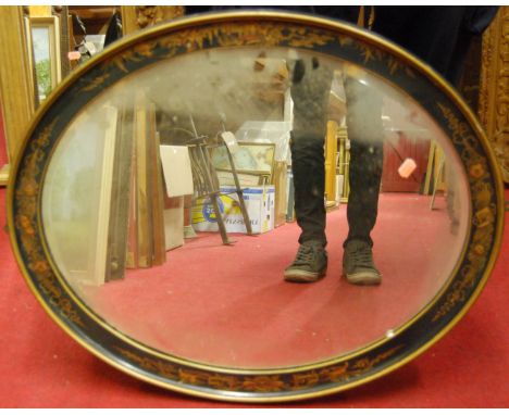A reproduction gilt framed and bevelled rectangular wall mirror; together with a chinoiserie black lacquered oval wall mirror