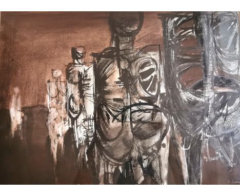 Cyril Wilson, British (1911 - 2003), mixed media on paper, abstract figures queuing, signed Wilson and dated 1968. Framed and