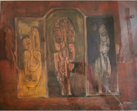 Cyril Wilson, British (1911 - 2003), mixed media on paper, abstract figures, signed Wilson. Framed and glazed. L.70 H.61cm 