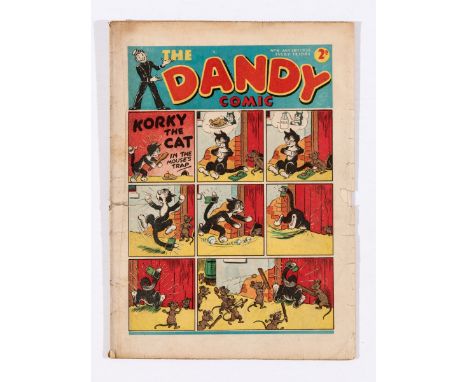 Dandy No 9 (1938). Good colours, one inch horizontal spine tear, thumb size piece missing from RH cover edge, two worn overha