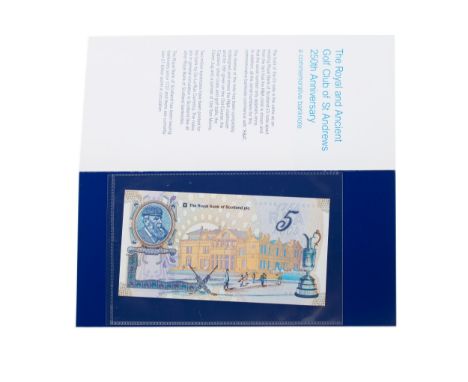 RBS R &amp; A 250TH ANNIVERSARY FIVE POUND NOTE, in folder and original envelope