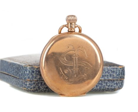 OMEGA NINE CARAT GOLD FULL HUNTER POCKET WATCH, the round white enamel dial with Arabic hour markers, outer railroad seconds 