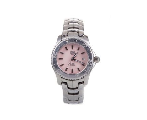 LADY'S TAG HEUER LINK STAINLESS STEEL QUARTZ WRIST WATCH the round pink mother of pearl dial with wedge hour markers, date ap