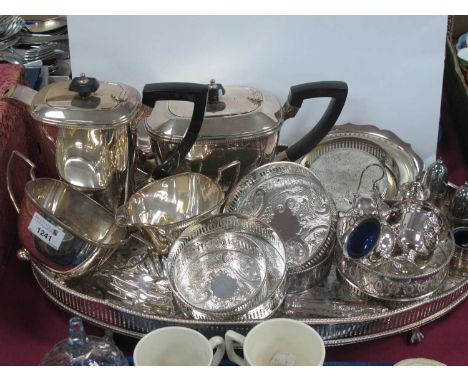 Presentation Four Piece Plated Tea Service, coasters, salad servers, condiments, etc, on oval tray.