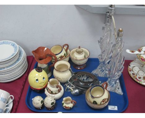 Pair of Twist Glass Table Lamps, beaded ceiling light, Devon ware:- One Tray.