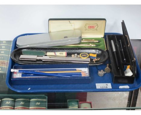 Writing Pens, including Parker, Cross, Manuscript. Pencils, seal, lacquered box and tray, etc:- One Tray.