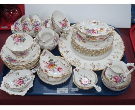 Royal Crown Derby 'Derby Posies' Teaware, with gilt vine leaf border - cake plate, six tea cups and saucers and tea plates, v