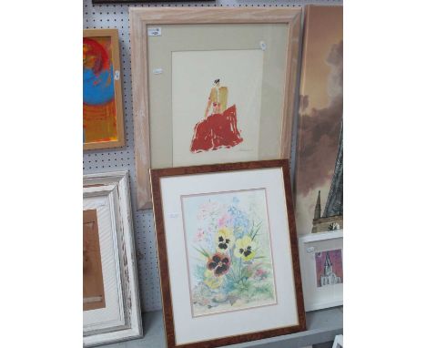 Salgado, 'Matador' Original Artwork, 35.5 x 27.5cm, signed lower right. K. Nicol, pansies watercolour (2).