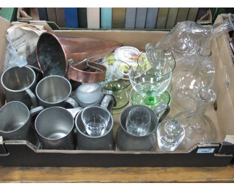 XIX Century Ale Warmer, pewter tankards, glass decanters, early XX Century clarinet (dismantled), continental cabinet cup and