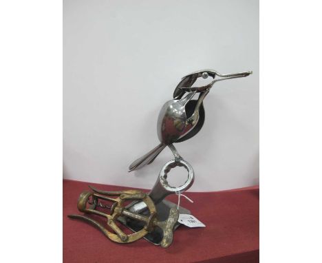 J Hepp, Industrial Style sculpture of a bird made from spoons and spanner, 22cm high. Heeley's double lever corkscrew.