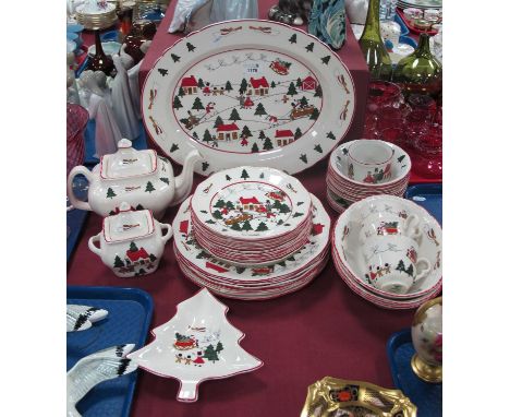 Mason's 'Christmas Village' Dinner Ware, comprising: six dinner plates, nine tea plates, seven pudding bowls, large oval meat