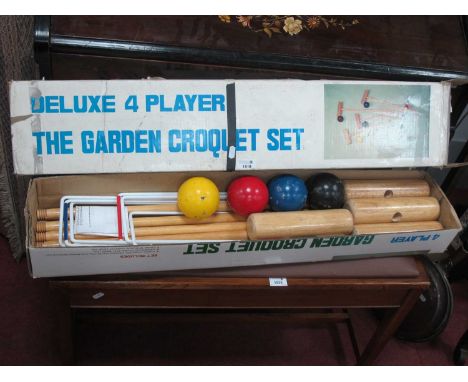 Croquet Set - four mallets and balls, six hoops, pointer stick, in box.