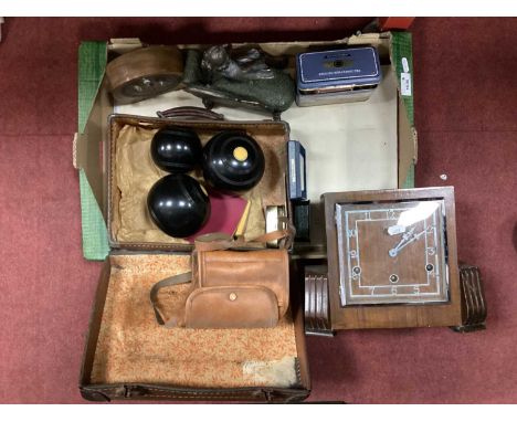 Crown Green Bowls, in a case, 1920's mantel clock etc.