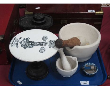Cast Iron Weighing Scales, with Day &amp; Millward of Birmingham pottery tray, weights. Wedgwood mortar and pestle, two other