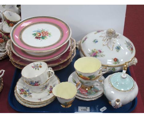 Harry Wheatcroft 'Famous Roses' Teapot, two cups and saucers, milk jug. Worcester 'Roanoke' tea ware. Porcelain tureen. Hand 
