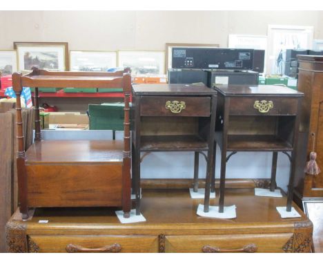 Mahogany Tidy Unit, with two drawers and galleried upper shelf, 38.5cm wide. Pair of mahogany bedside tables. (3).