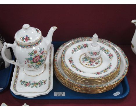 Coalport Ming Rose pattern china comprising of teapot, 6x dinner plates, 5x side plates, two rectangular dishes and bell.