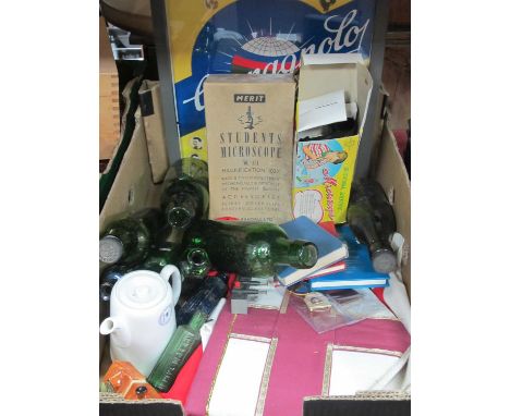 Masonic Memorabilia, two microscopes, retro poster, Sheffield and other green glass bottles. Tuscan teapot for Caledonian Pac