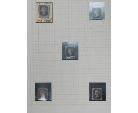 Stamps; A Sheet containing five Great Britain 'Penny Blacks', I-D lightly used (repaired at top), O-K lightly used 3 margins 