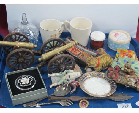 Pair of Brass Cannons on Iron Bases, clockwork motorcycle, harmonica, etc:- One Tray.