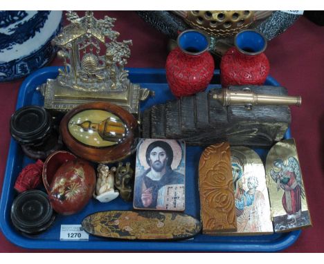 Brass Cannon Model, on oak stand, brass door stop, Oriental vases, lacquered spectacle case, netsuke, eggs, icons:- One Tray.