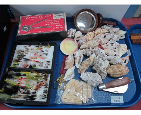 Fishing Lures, seashells, bone bracelet parts, etc:- One Tray.