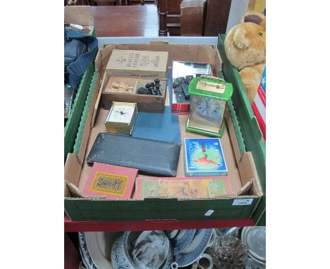 Turned Wooden Chess Set, other games, Geometry set, clocks, microscope:- One Box.