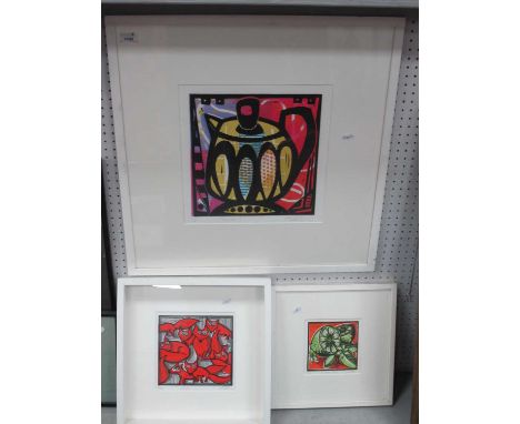 'Teapot V' Limited Edition Colour Print 1 of 100, image 29cm square. Two smaller Citrol Vert 3 of 30 &amp; 'Skulk' 2 of 35, a