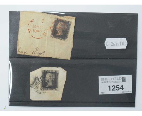 Stamps; Two Great Britain 'Penny Blacks' on piece; H-E 4 margins (close top left), black MX cancel, E-L 4 wide margins tear a