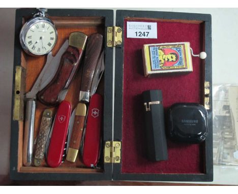 Pocket Knives (7), including Rodgers, Victorinox, Ingersoll pocket watch, Captn, Webb musical movement in matchbox, etc, in w