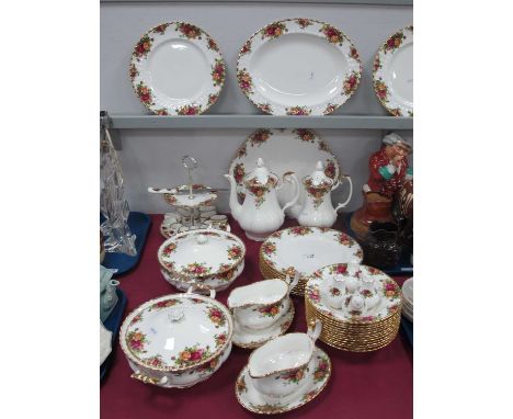 Royal Albert Old Country Roses china comprising of two lidded tureens, two coffee pots, 12x dinner plates, 12x bowls, two tie