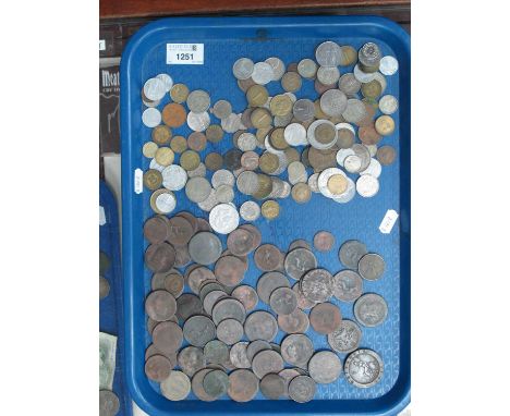 George III Cartwheel Penny, dated 1797, other copper coinage (well worn), later foreign currency:- One Tray.