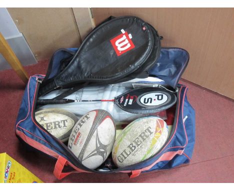 Sporting Equipment - cricket bats, stumps, balls, pads and gloves. Five rackets, rugby balls.