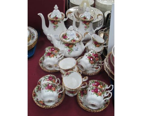 Royal Albert Old Country Roses tea and coffee service comprising of teapot, two sizes of coffee pot, twelve cups and saucers,