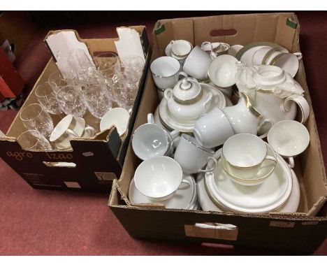 Royal Doulton Mixed China (Belvedere) Tea Service, (Clarendon) coffee cups etc. Wine glasses:- Two Boxes.