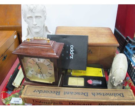 XIX Century Box, bust of Napoleon, Zippo set, clock, model pig, fans, recorder:- One Tray.