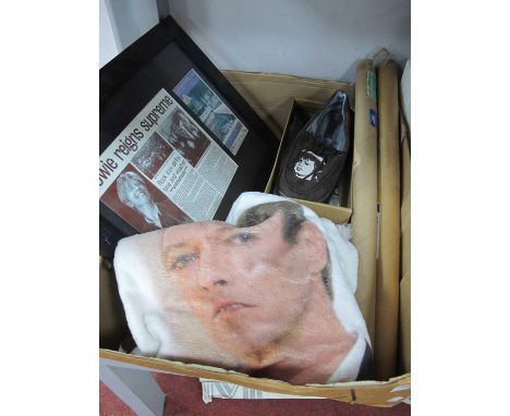 David Bowie Memorabilia - Jo &amp; Joe loafers, towel diamond dogs lighter, two posters, candle and montage.
