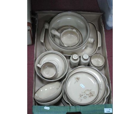 Denby Memories pattern stoneware comprising of serving dishes, gravy boat, bowls, plates twenty three pieces. One Box