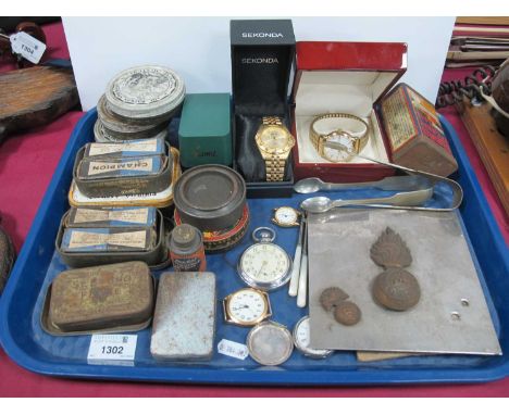 Silver Fob Watch, (dam), Ingersoll pocket watch, Sekonda, Rotary and Limit wrist watches, tins, pickle forks, Military badges