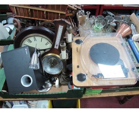 Ion Record Player, Labtec multimedia speaker, brass table lamps, barometers:- One Box.