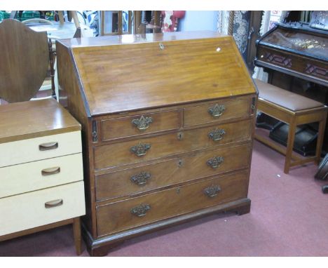 Late XVIII Century Mahogany Bureau, with a cross banded fall, fitted interior, two small drawers, three long drawers on brack